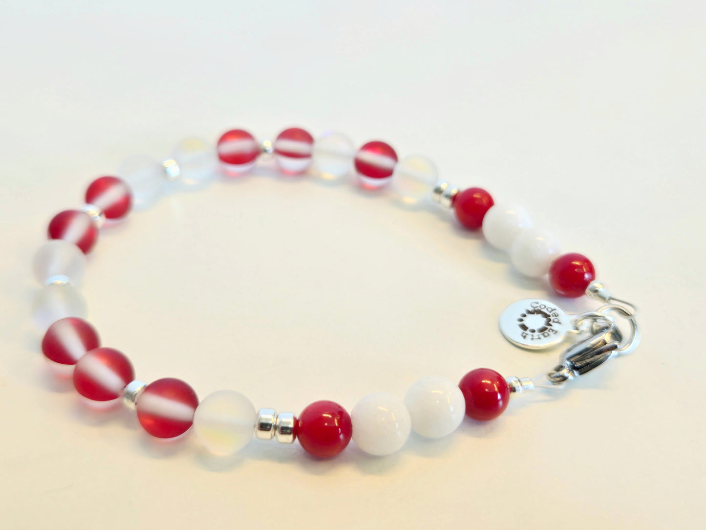 CANADA Bracelet | Red & White Iridescent Glass Morse Code (Men's/Large)