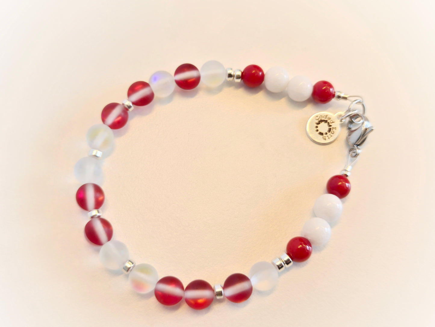 CANADA Bracelet | Red & White Iridescent Glass Morse Code (Men's/Large)