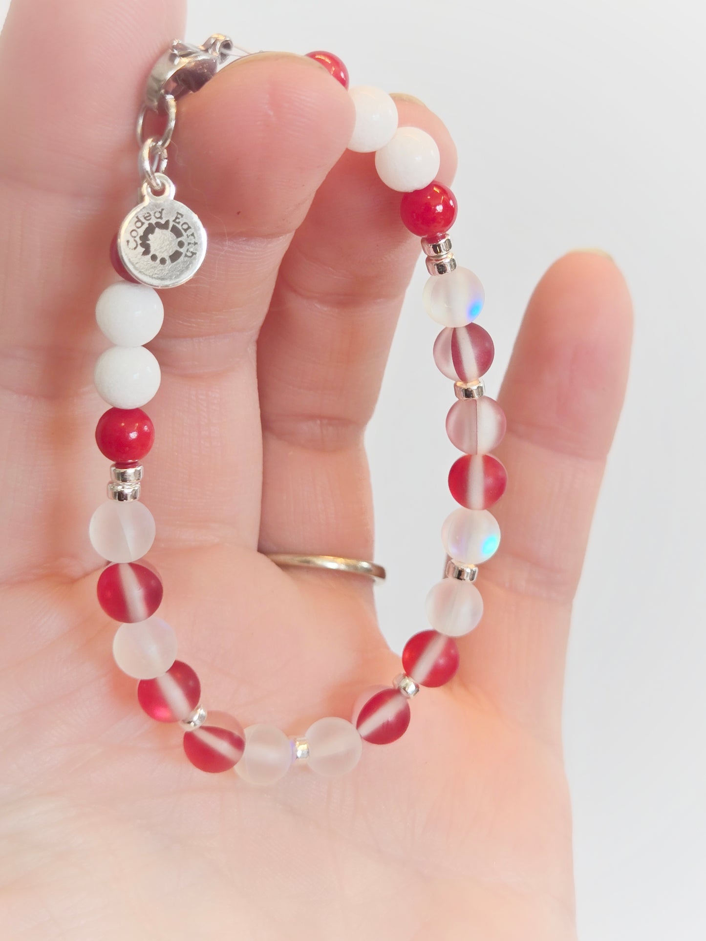 CANADA Bracelet | Red & White Iridescent Glass Morse Code (Women's/Small)