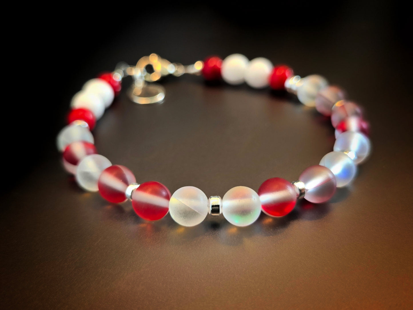 CANADA Bracelet | Red & White Iridescent Glass Morse Code (Men's/Large)