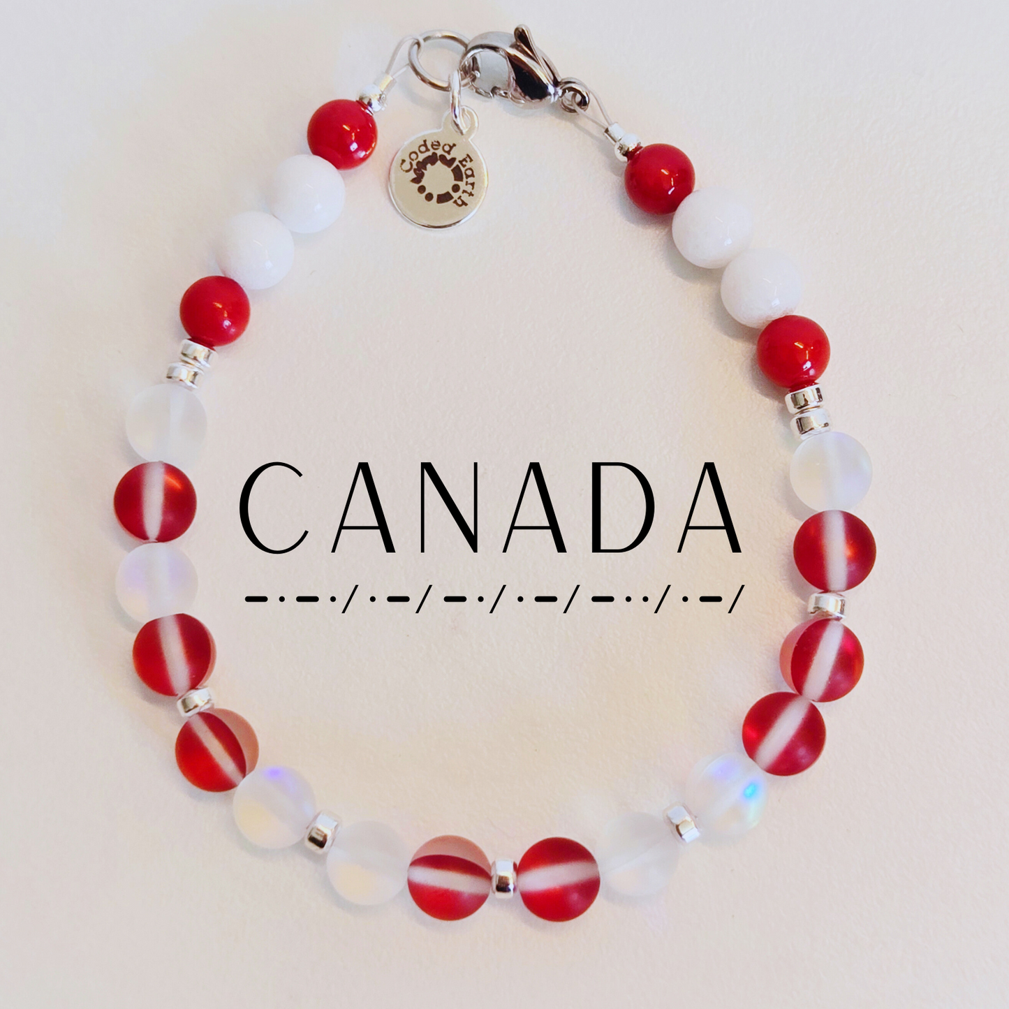 CANADA Bracelet | Red & White Iridescent Glass Morse Code (Men's/Large)