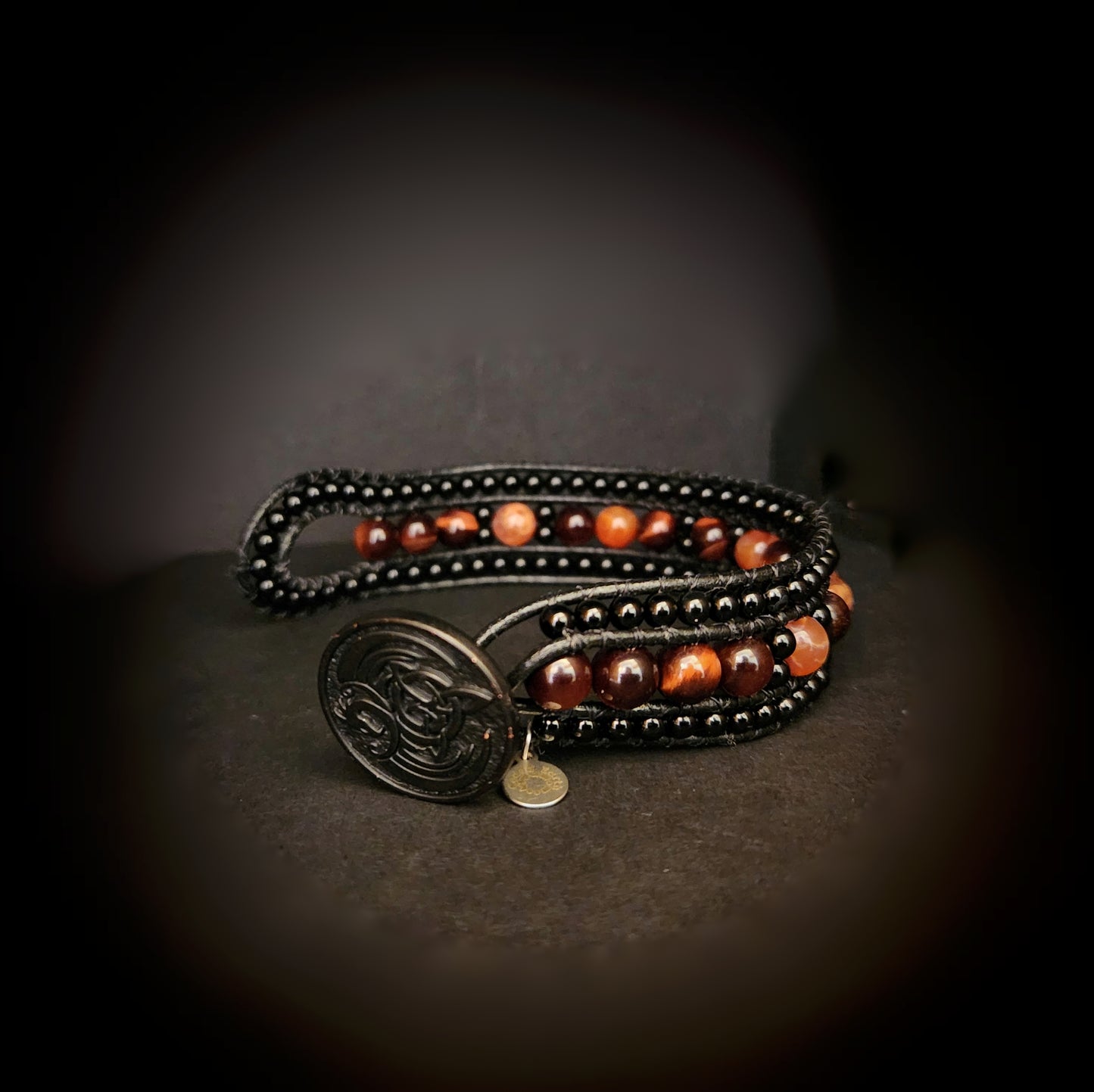 Red Tiger's Eye & Fire Agate Black Leather Cuff Bracelet