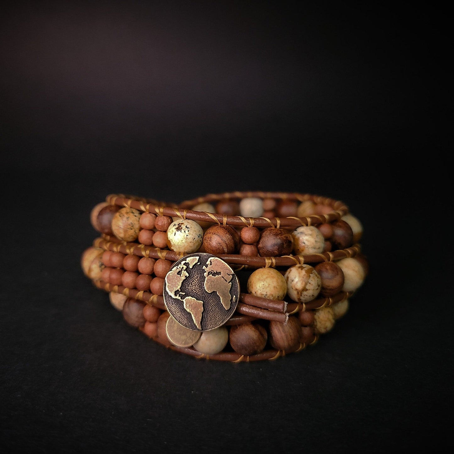 Sandalwood & Picture Jasper Leather Wrap Bracelet
