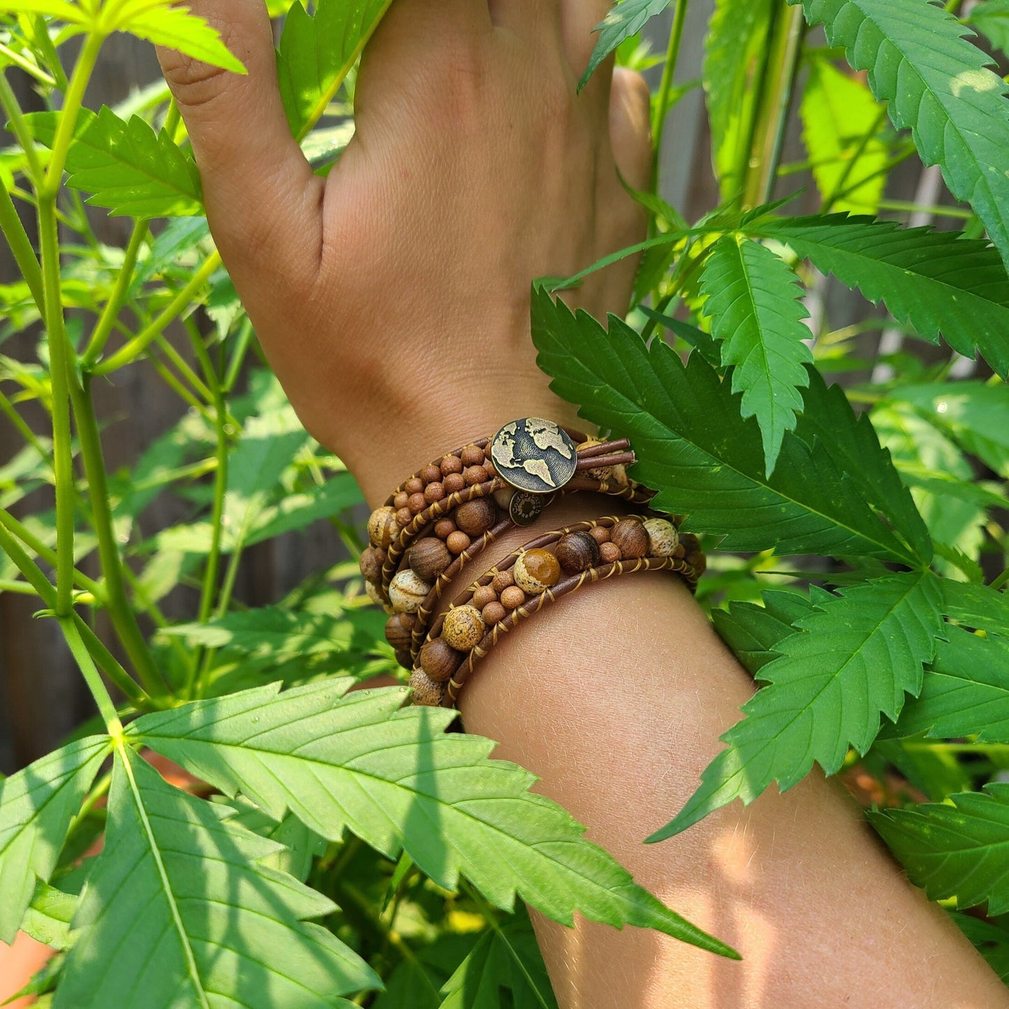 Sandalwood & Picture Jasper Leather Wrap Bracelet