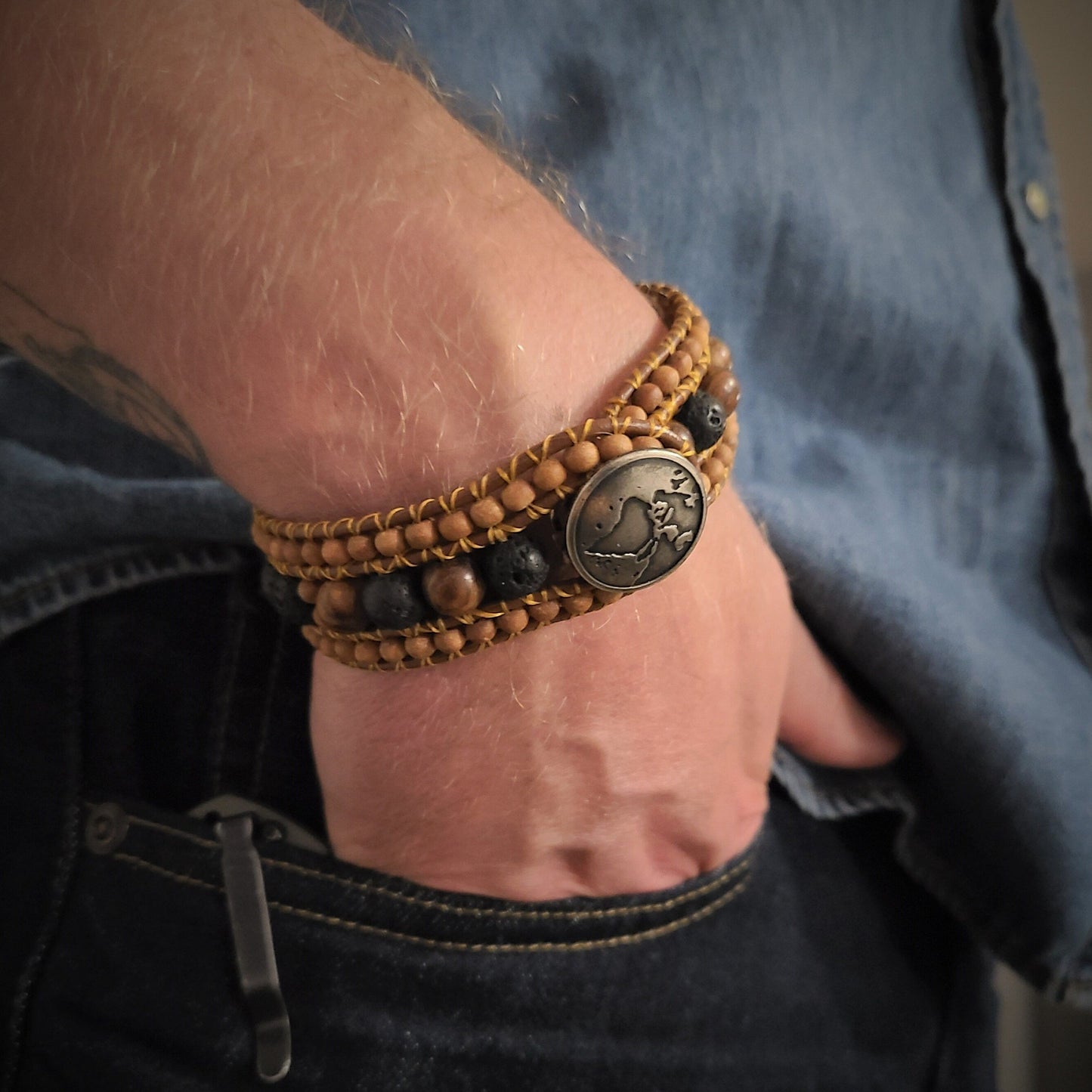 Sandalwood & Lava Leather Cuff Bracelet