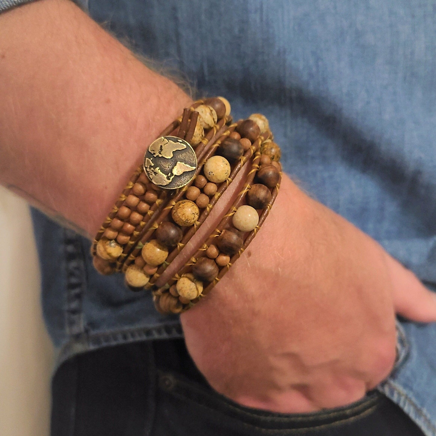 Sandalwood & Picture Jasper Leather Wrap Bracelet