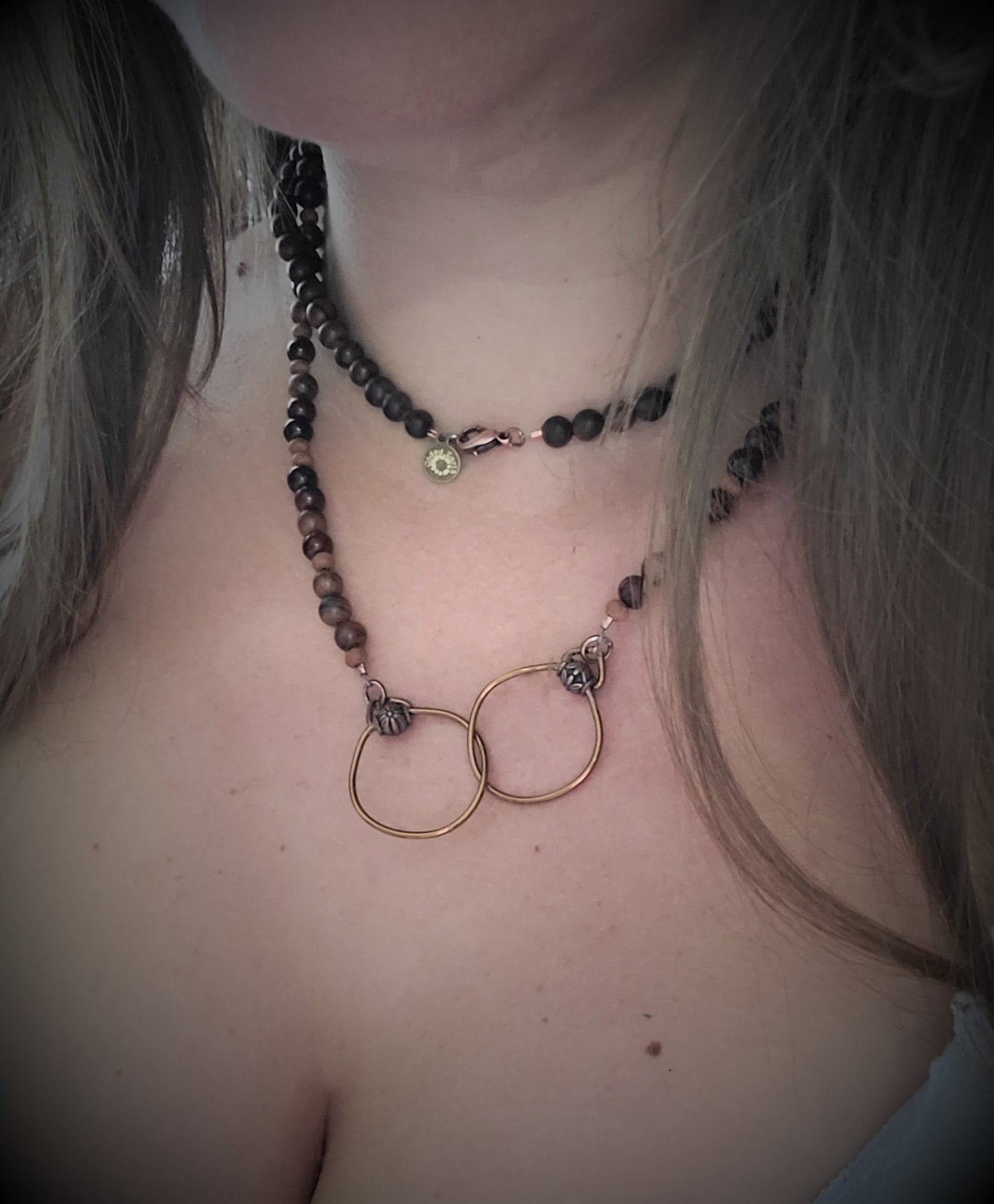 Sandalwood 108 Bead Mala Necklace with Copper Linked Ring Pendant