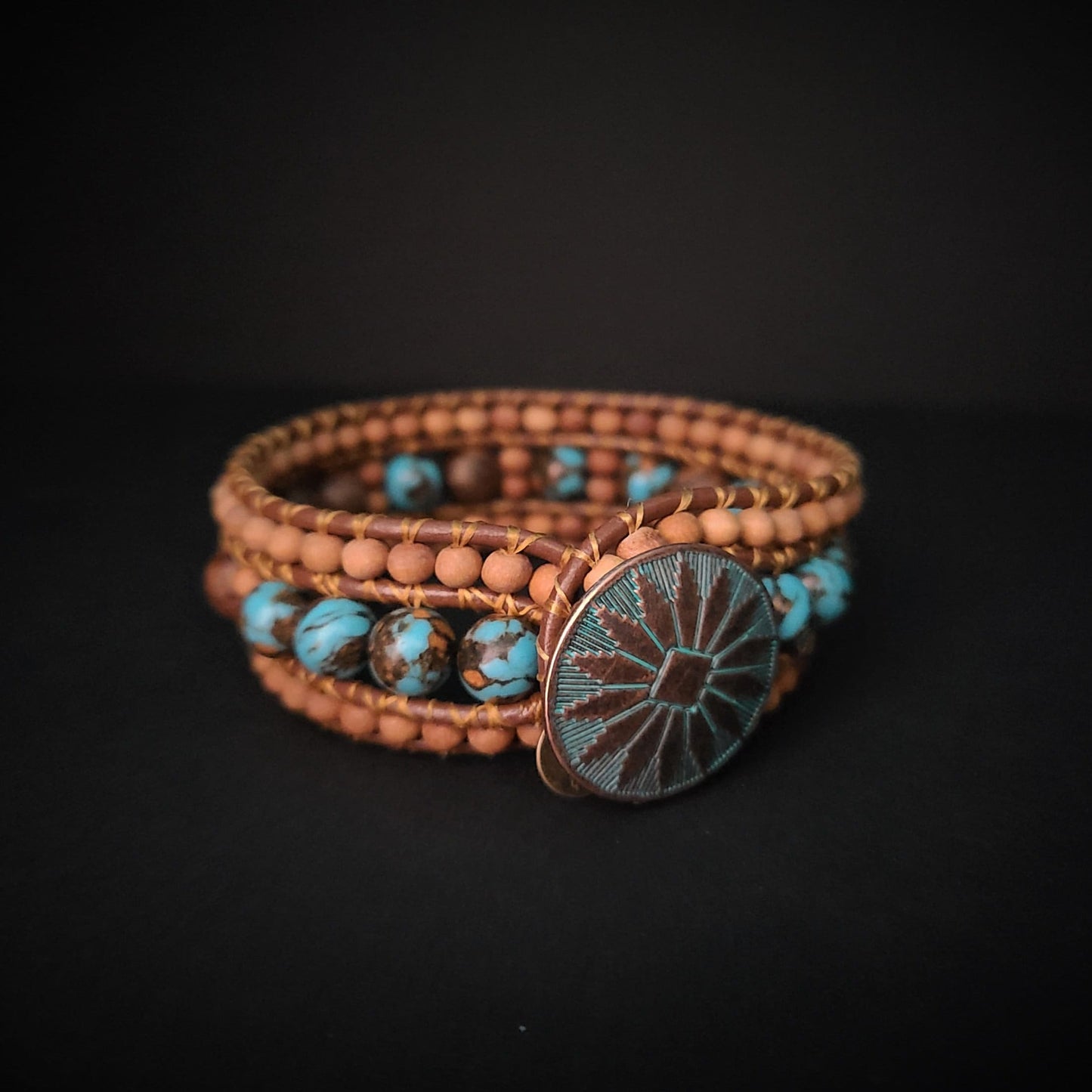 "Remember" | Turquoise Siderolite & Sandalwood Coded Message Leather Cuff Bracelet