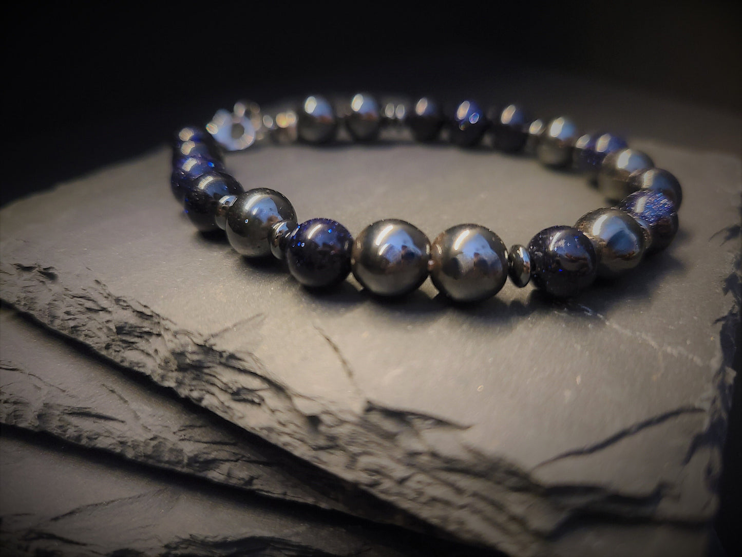 Blue Sandstone and Magnetic Hematite Steel Bracelet (8mm)