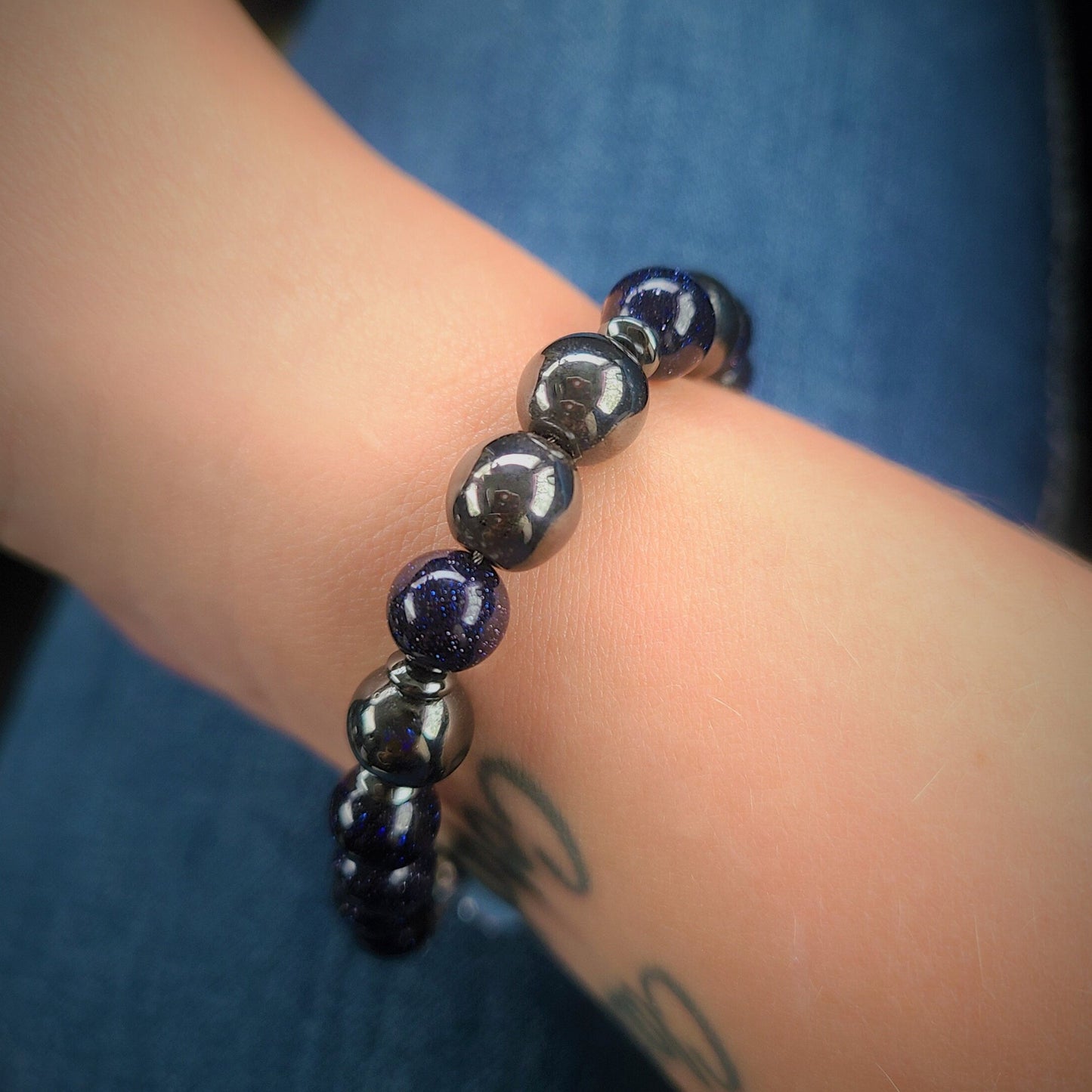 Blue Sandstone and Magnetic Hematite Steel Bracelet (8mm)