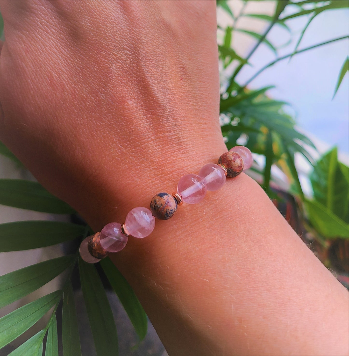 Rose Quartz and Leopard Jasper Steel Bracelet