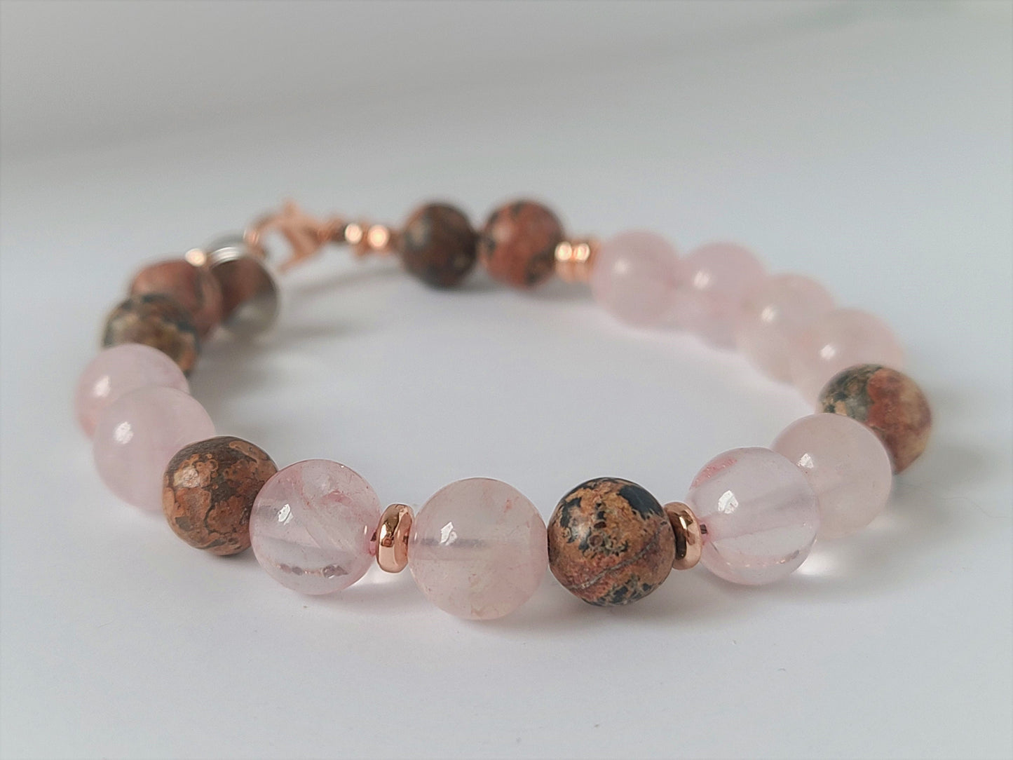 Rose Quartz and Leopard Jasper Steel Bracelet