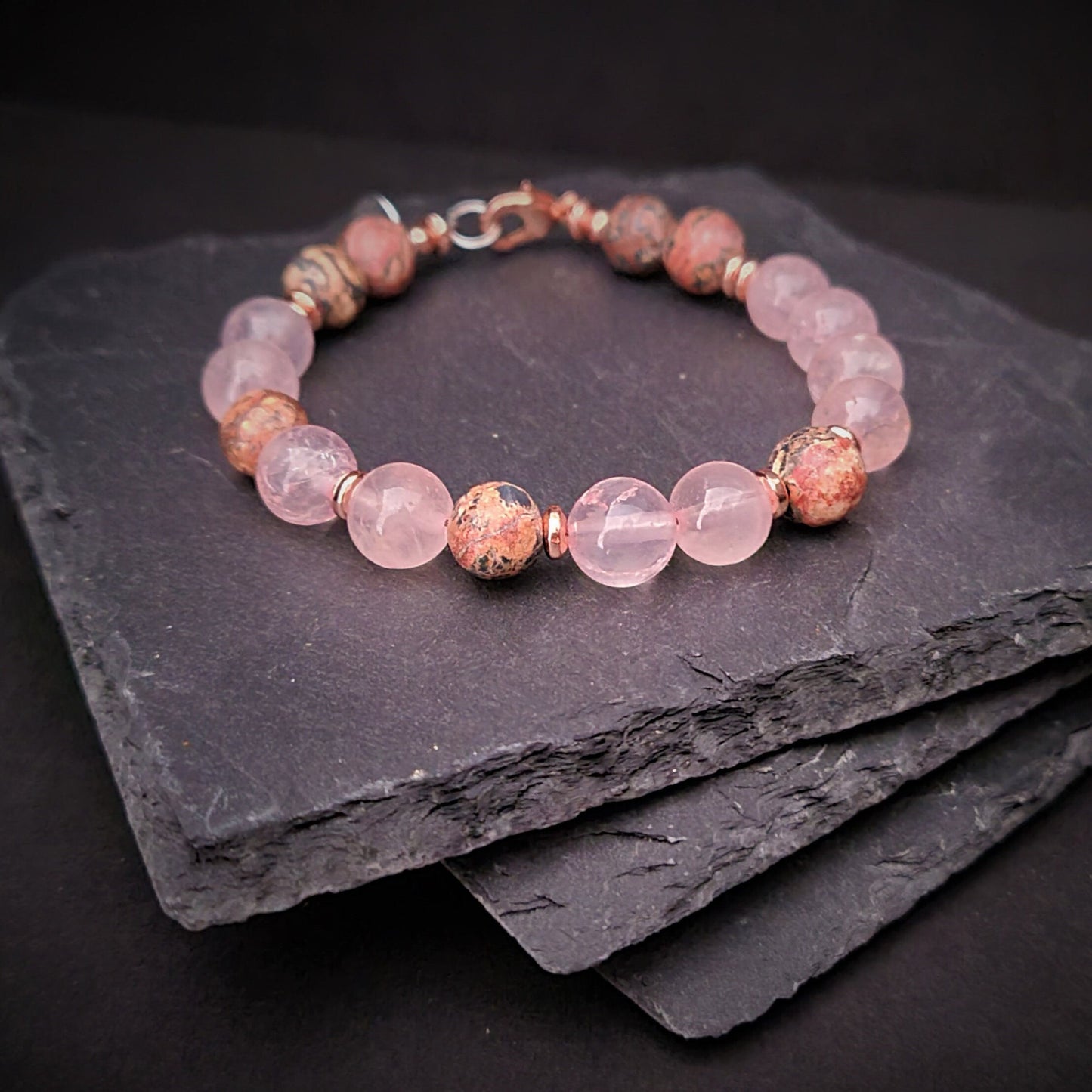 Rose Quartz and Leopard Jasper Steel Bracelet