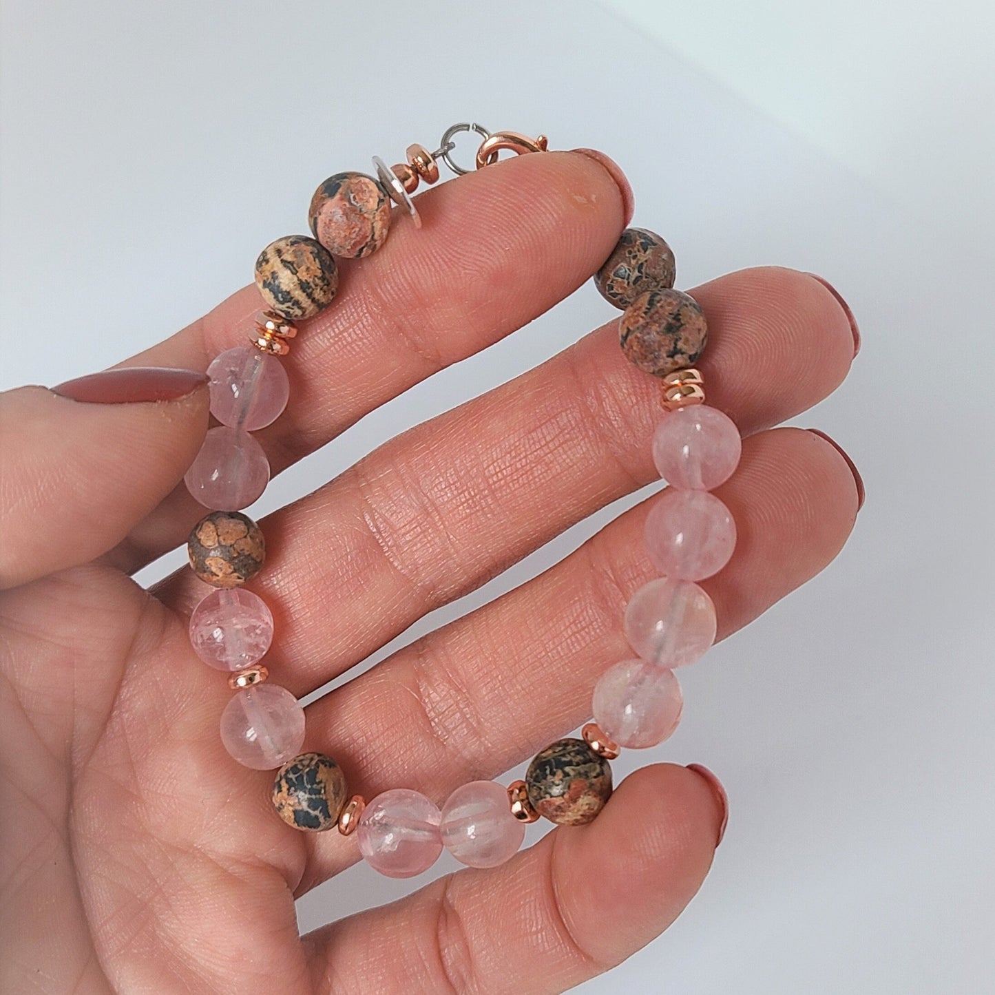 Rose Quartz and Leopard Jasper Steel Bracelet