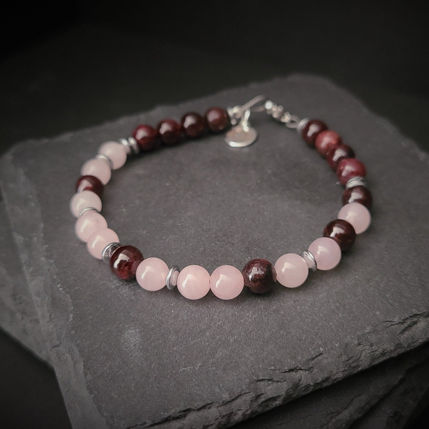 Garnet & Rose Quartz Steel Bracelet