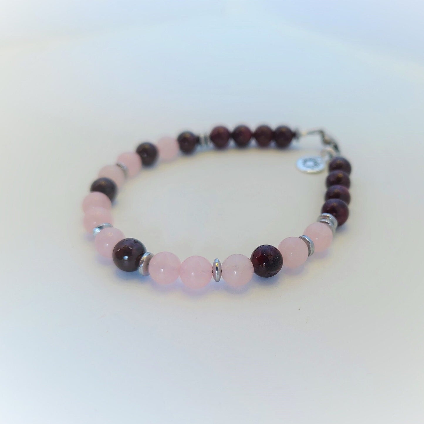 Garnet & Rose Quartz Steel Bracelet