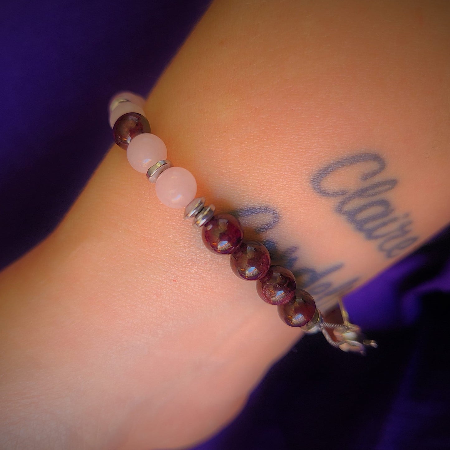 Garnet & Rose Quartz Steel Bracelet