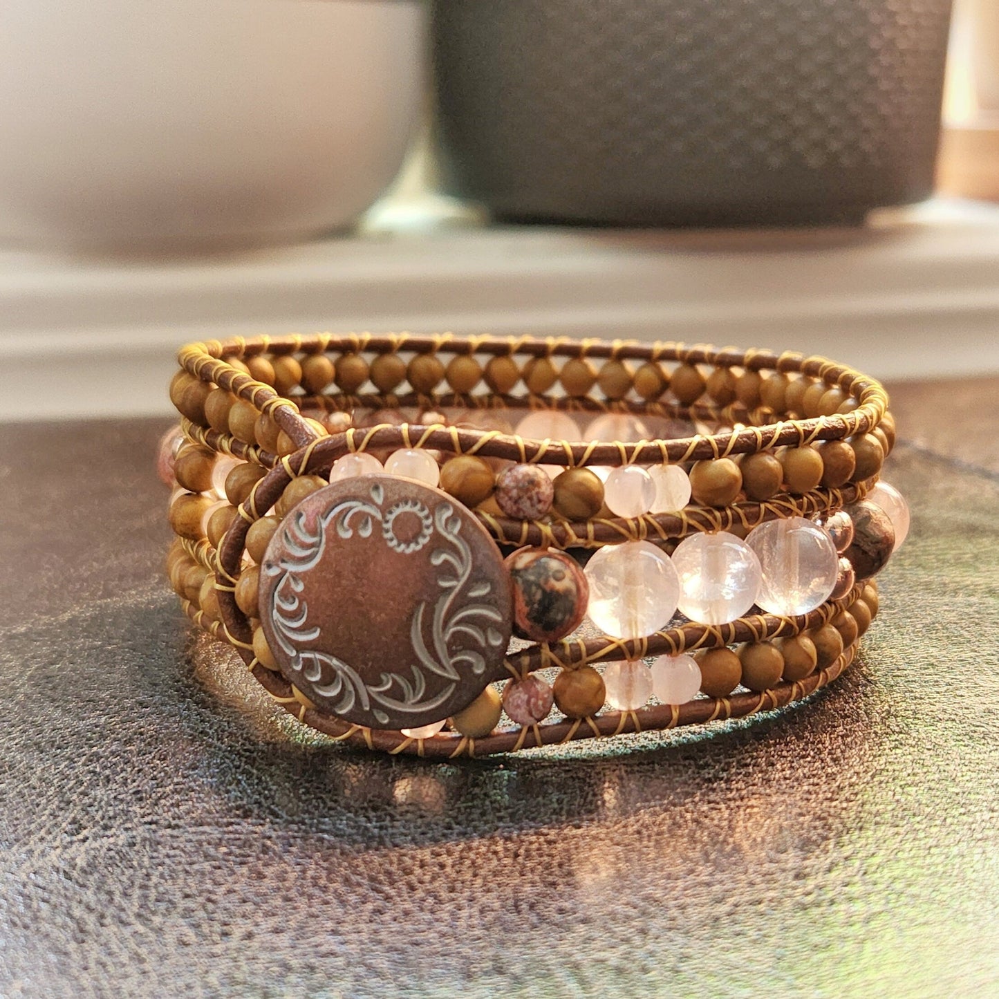Rose Quartz, Leopard Jasper & Rose Gold Hematite Leather Cuff Bracelet