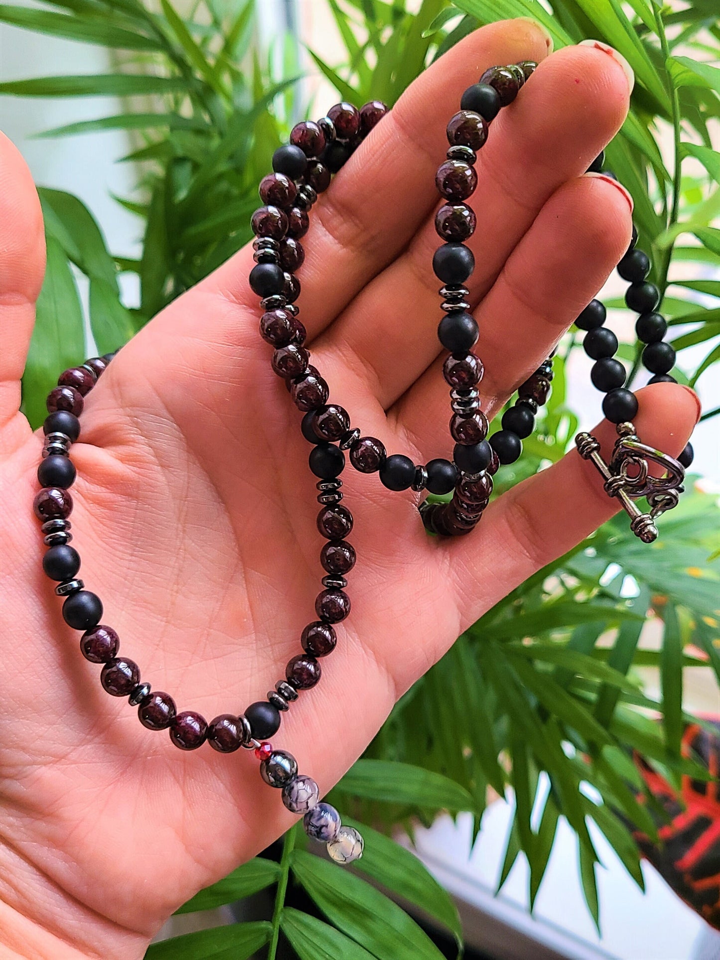 Garnet & Onyx 108 Bead Mala Necklace with Dragon Vein Pendant