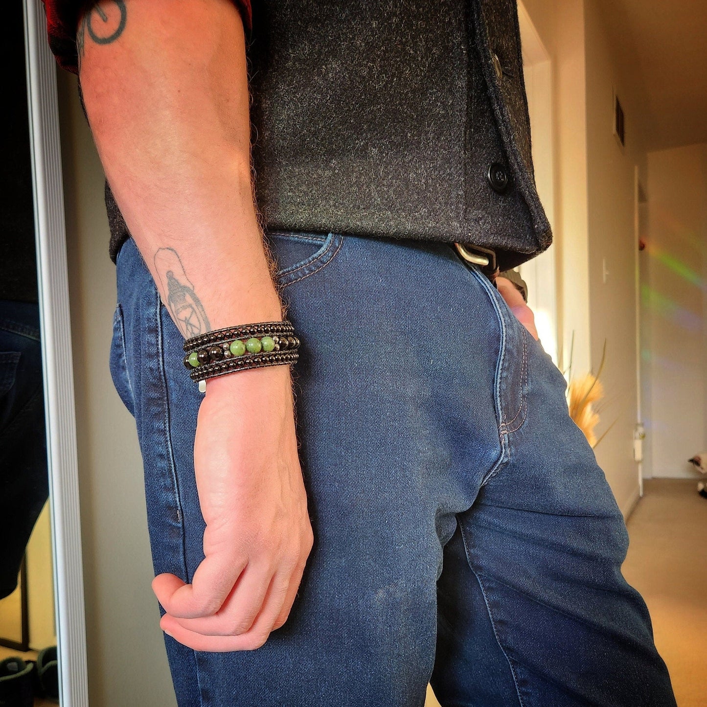 Canadian Jade & Tourmaline Black Leather Cuff Bracelet