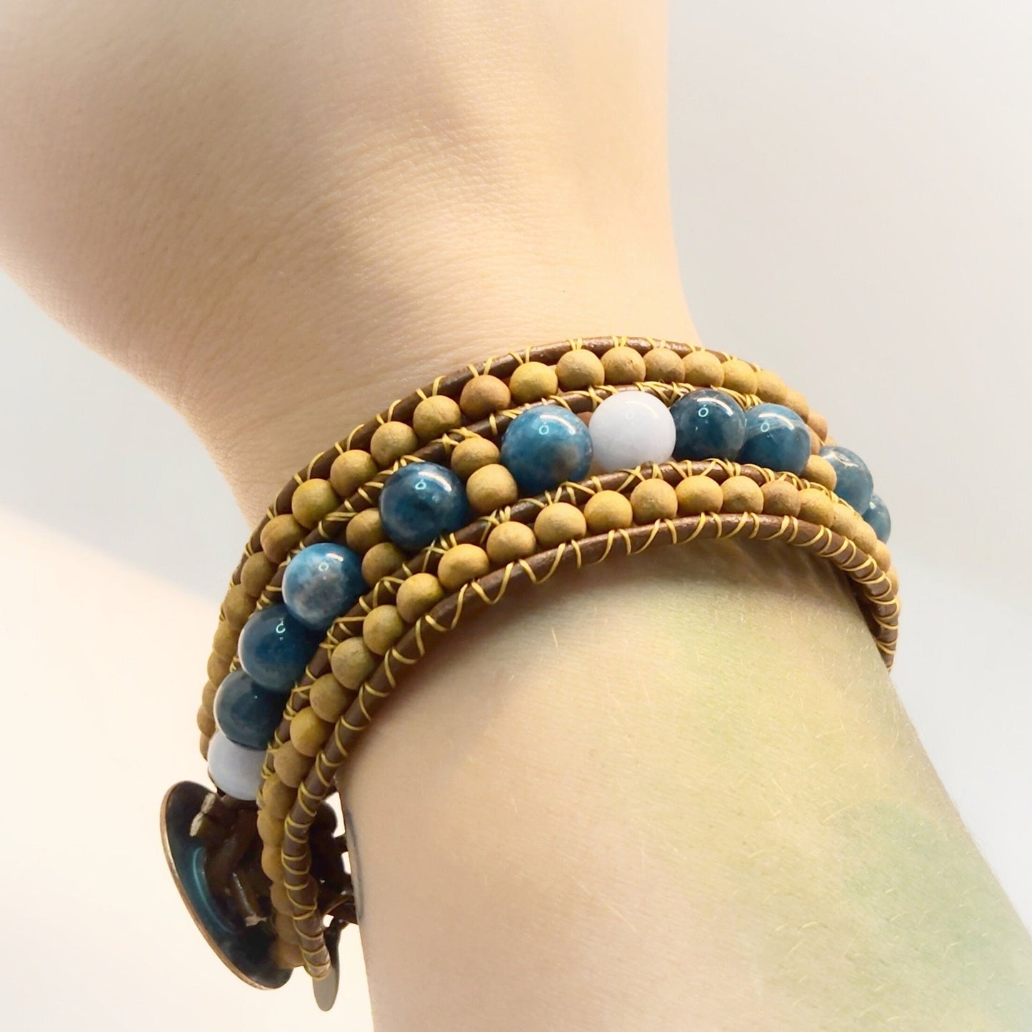 Blue Apatite & Aquamarine Sandalwood Cuff Bracelet