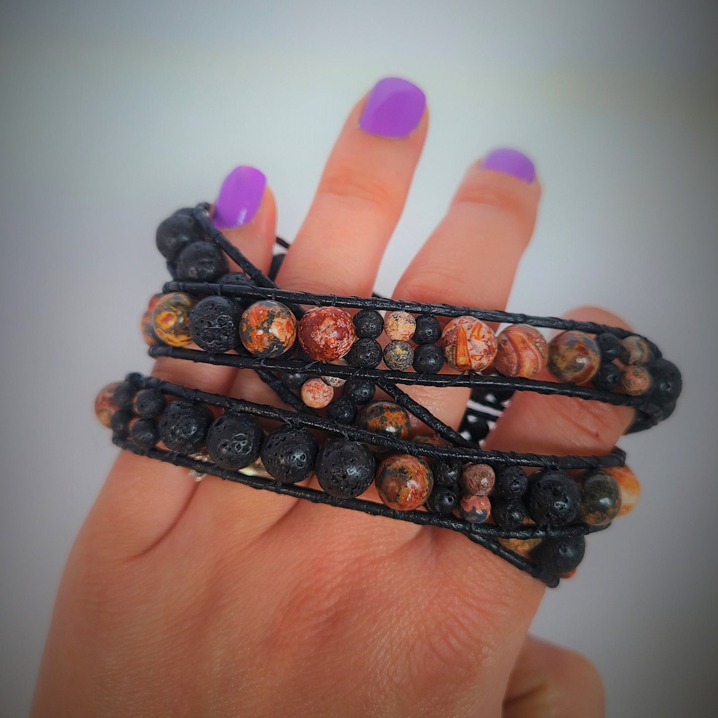 Leopard Jasper & Lava Black Leather Wrap Bracelet