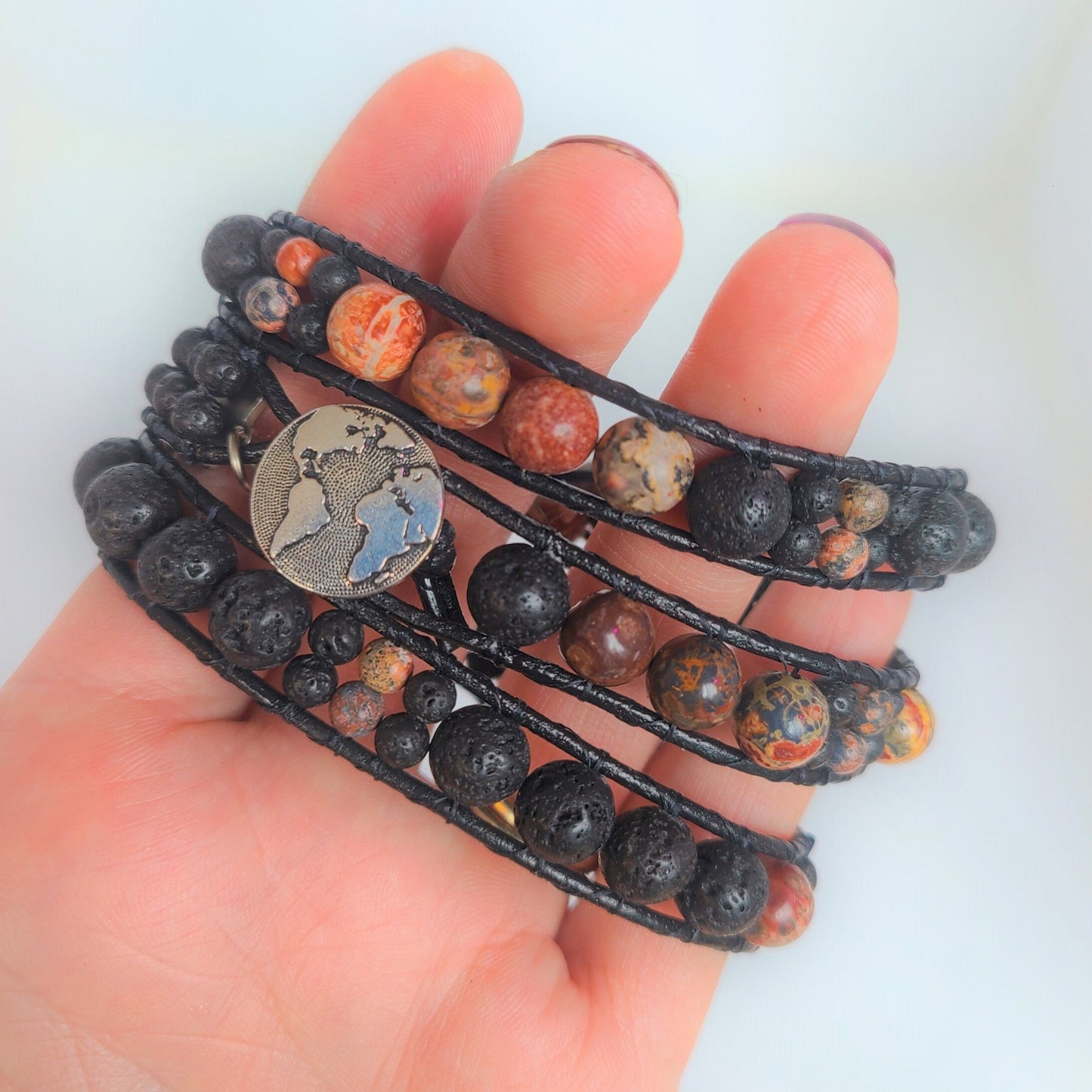 Leopard Jasper & Lava Black Leather Wrap Bracelet