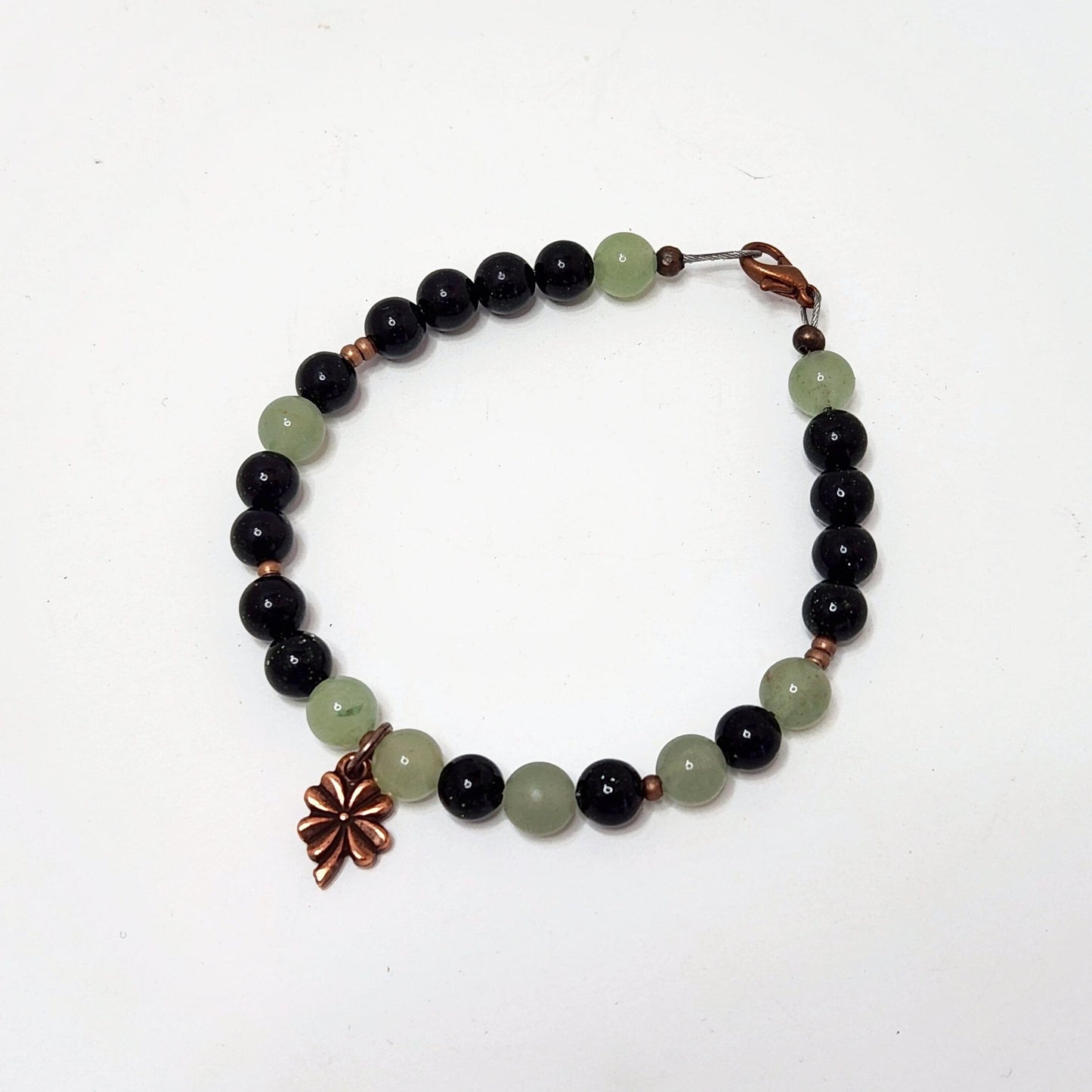 "Luck" | Green Sandstone & Aventurine Steel Bracelet with Copper Four Leaf Clover