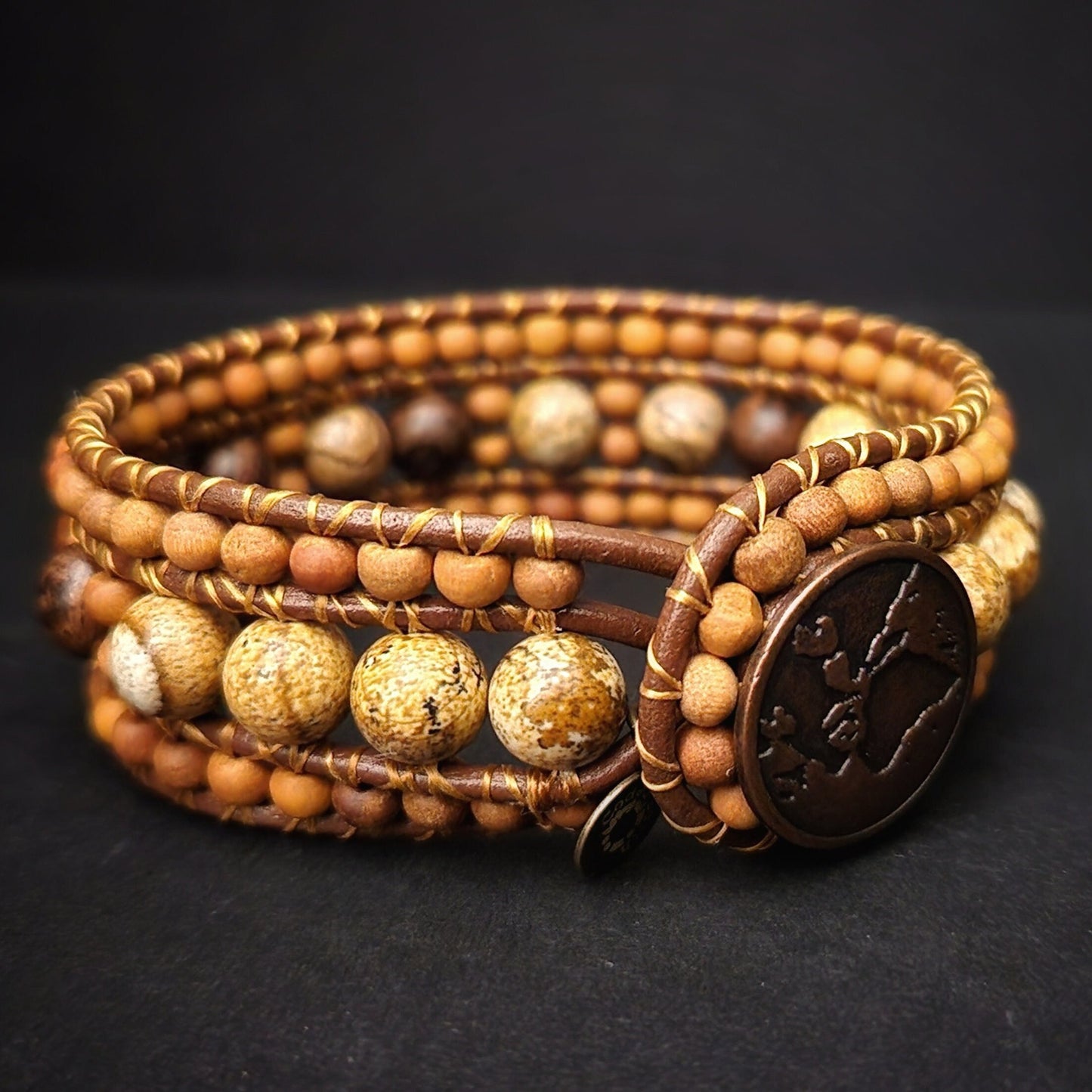 Sandalwood & Picture Jasper Leather Cuff Bracelet