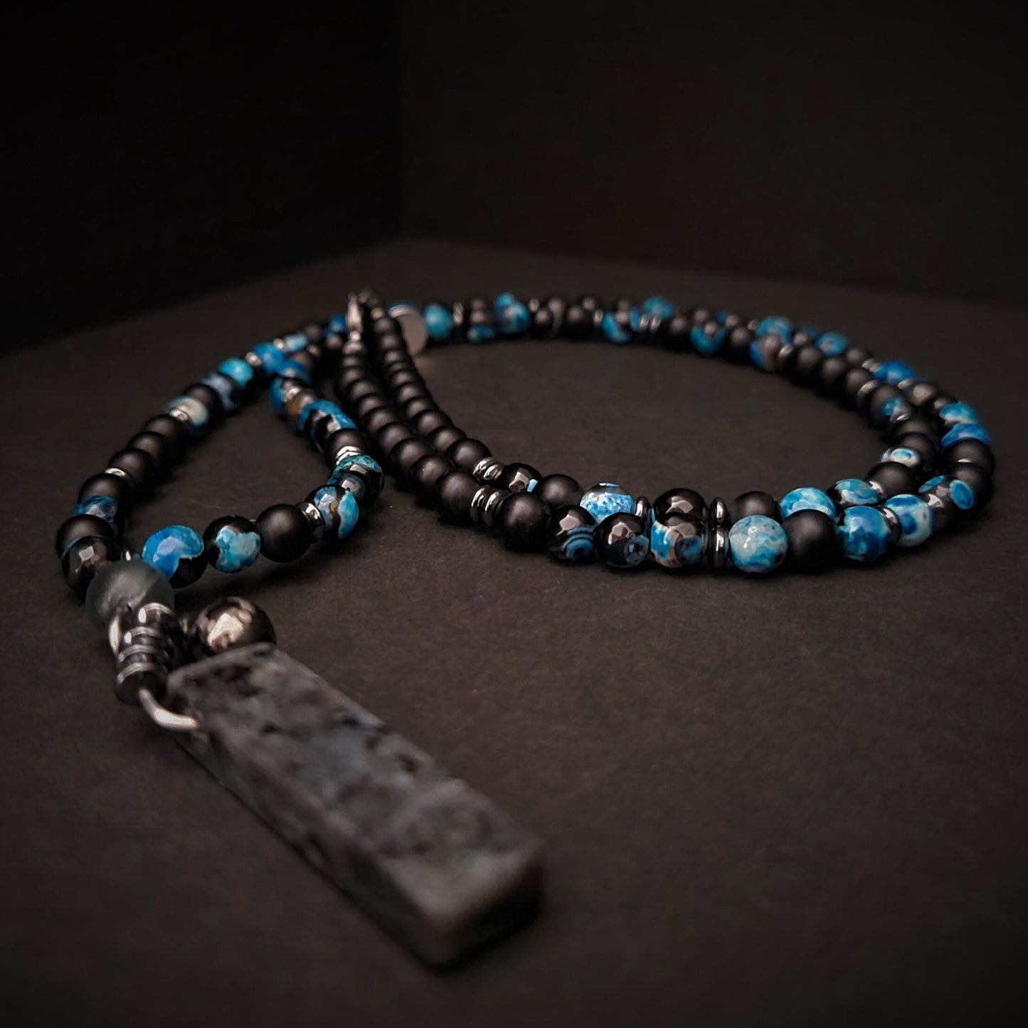 Blue Fire Agate & Onyx 108 Bead Mala Necklace with Labradorite Pendant