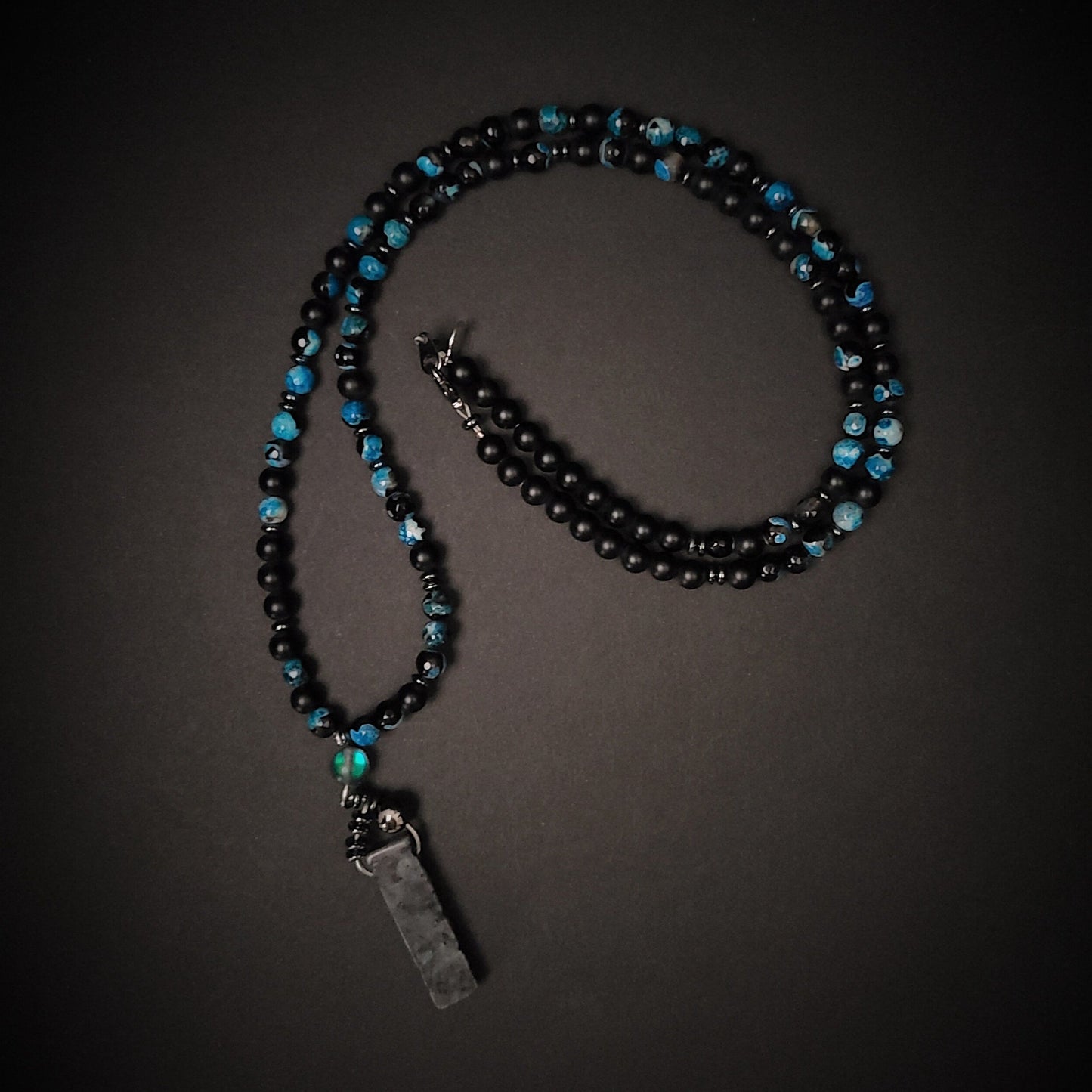 Blue Fire Agate & Onyx 108 Bead Mala Necklace with Labradorite Pendant