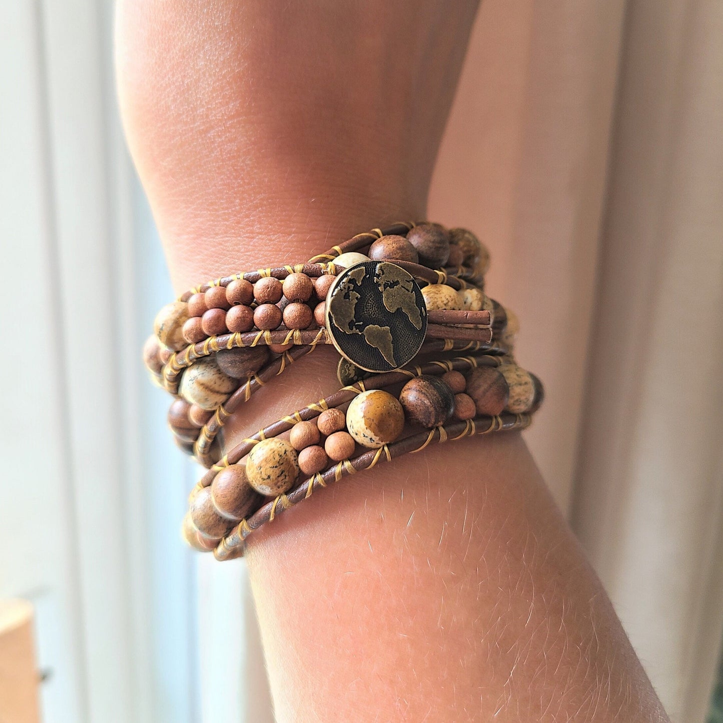 "Not All Who Wander Are Lost" | Jasper & Sandalwood Coded Message Leather Wrap Bracelet