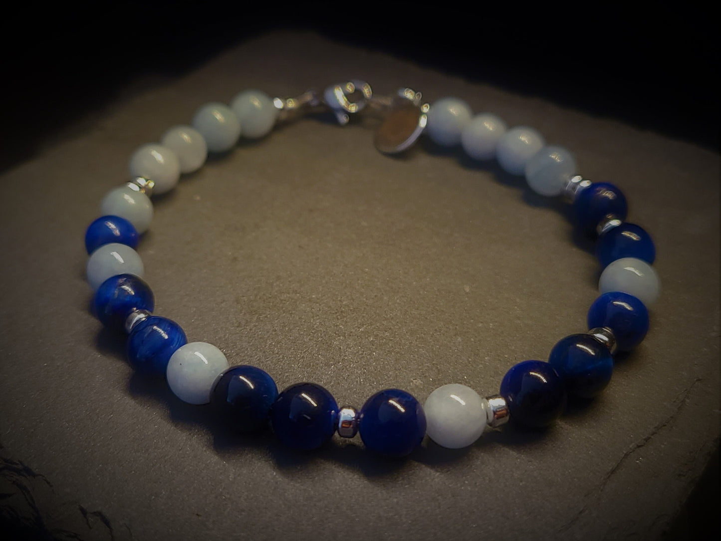 Blue Tiger Eye & Aquamarine Steel Bracelet