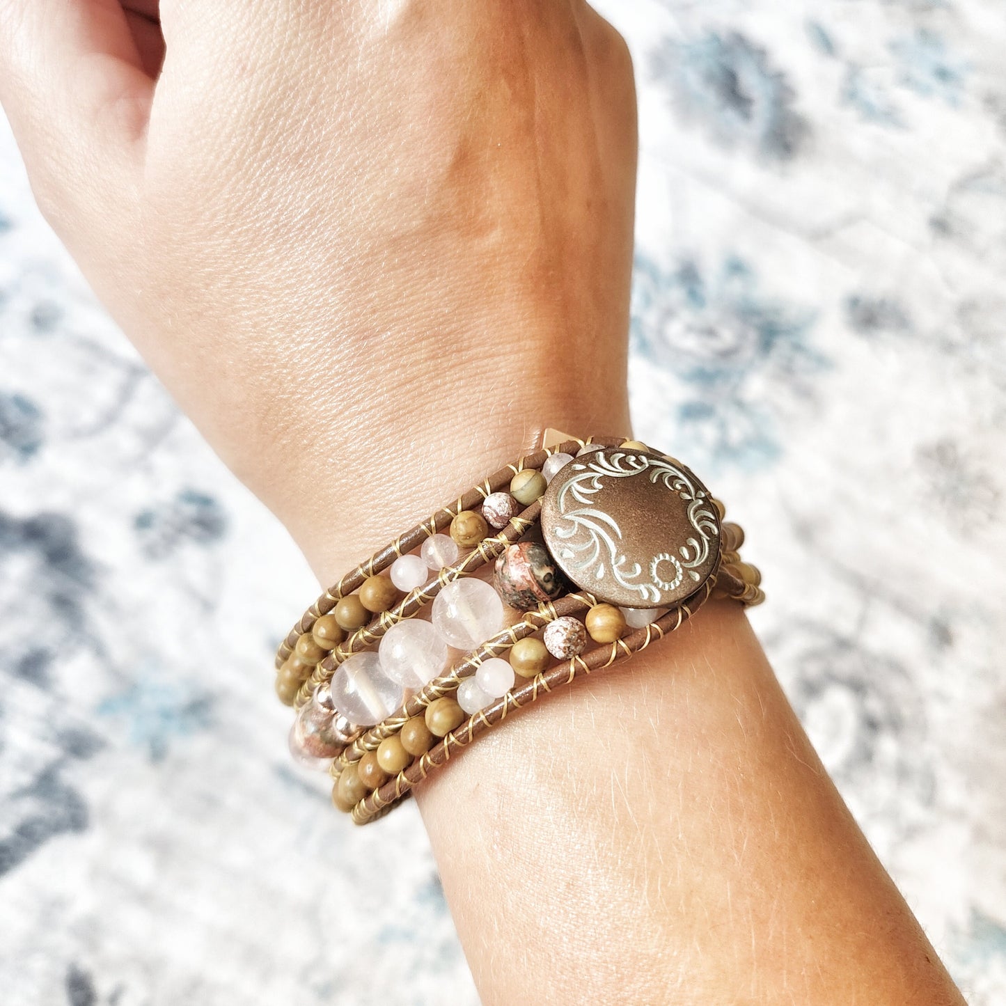 Rose Quartz, Leopard Jasper & Rose Gold Hematite Leather Cuff Bracelet