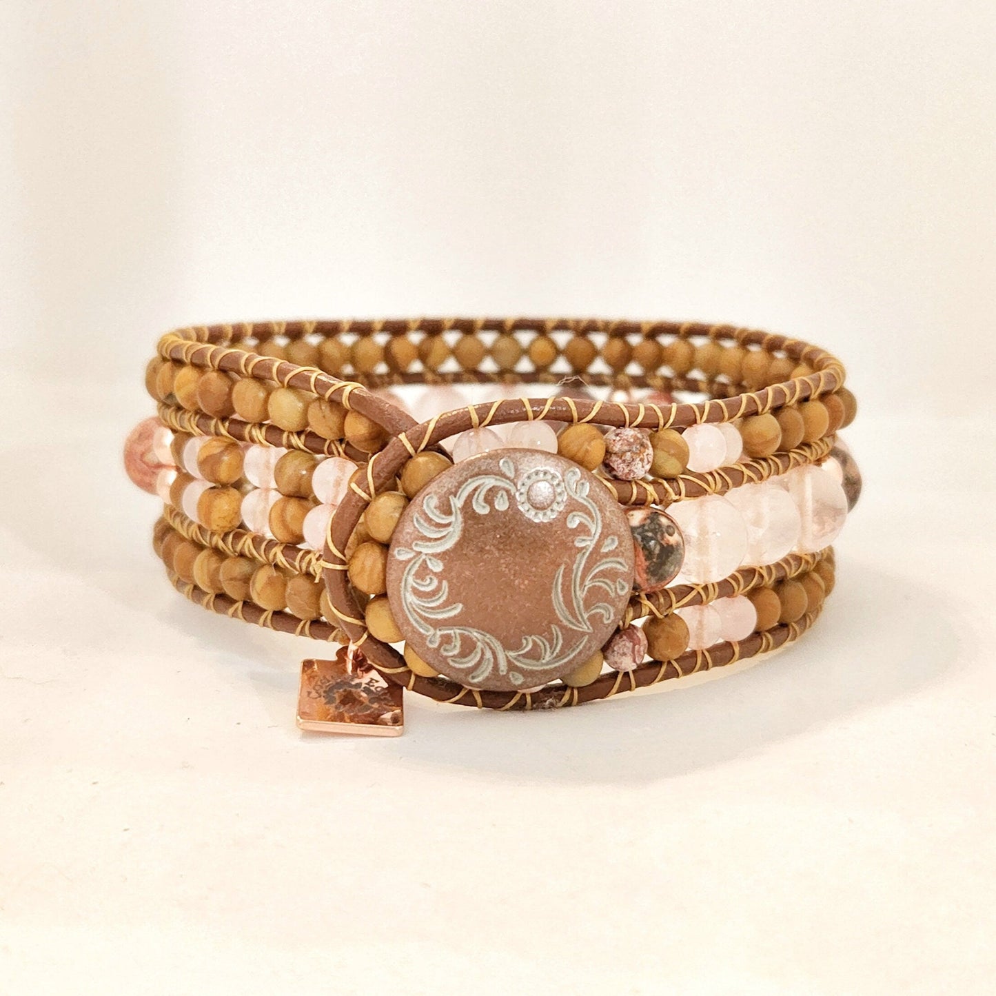 Rose Quartz, Leopard Jasper & Rose Gold Hematite Leather Cuff Bracelet