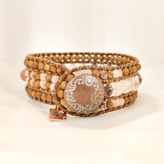 Rose Quartz, Leopard Jasper & Rose Gold Hematite Leather Cuff Bracelet