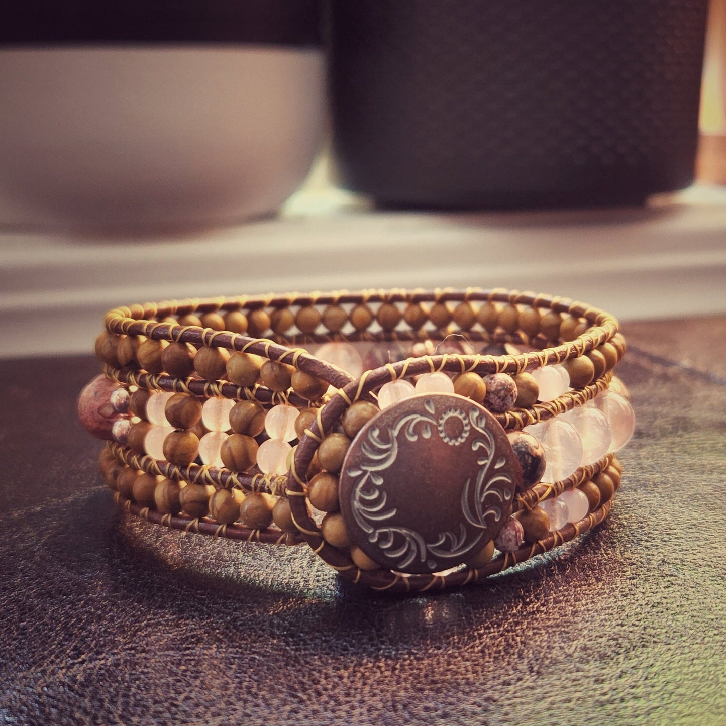 Rose Quartz, Leopard Jasper & Rose Gold Hematite Leather Cuff Bracelet