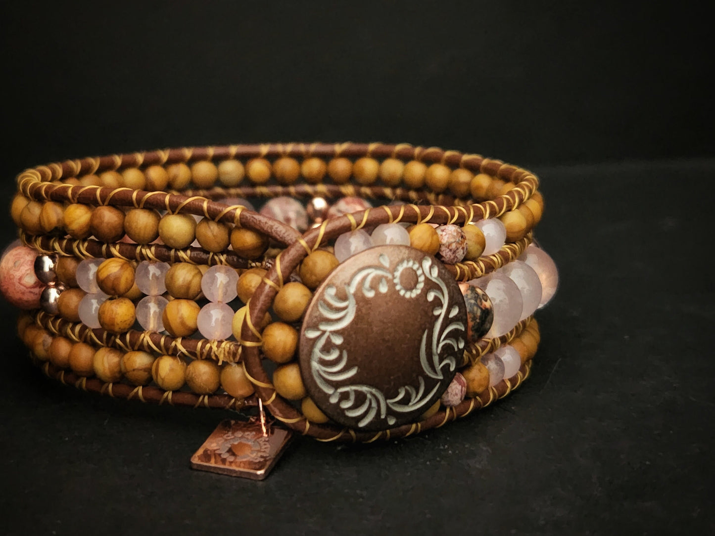 Rose Quartz, Leopard Jasper & Rose Gold Hematite Leather Cuff Bracelet