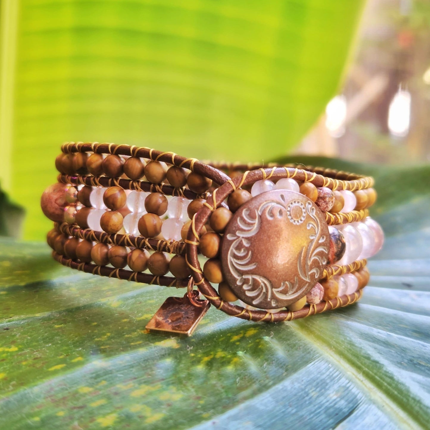 Rose Quartz, Leopard Jasper & Rose Gold Hematite Leather Cuff Bracelet