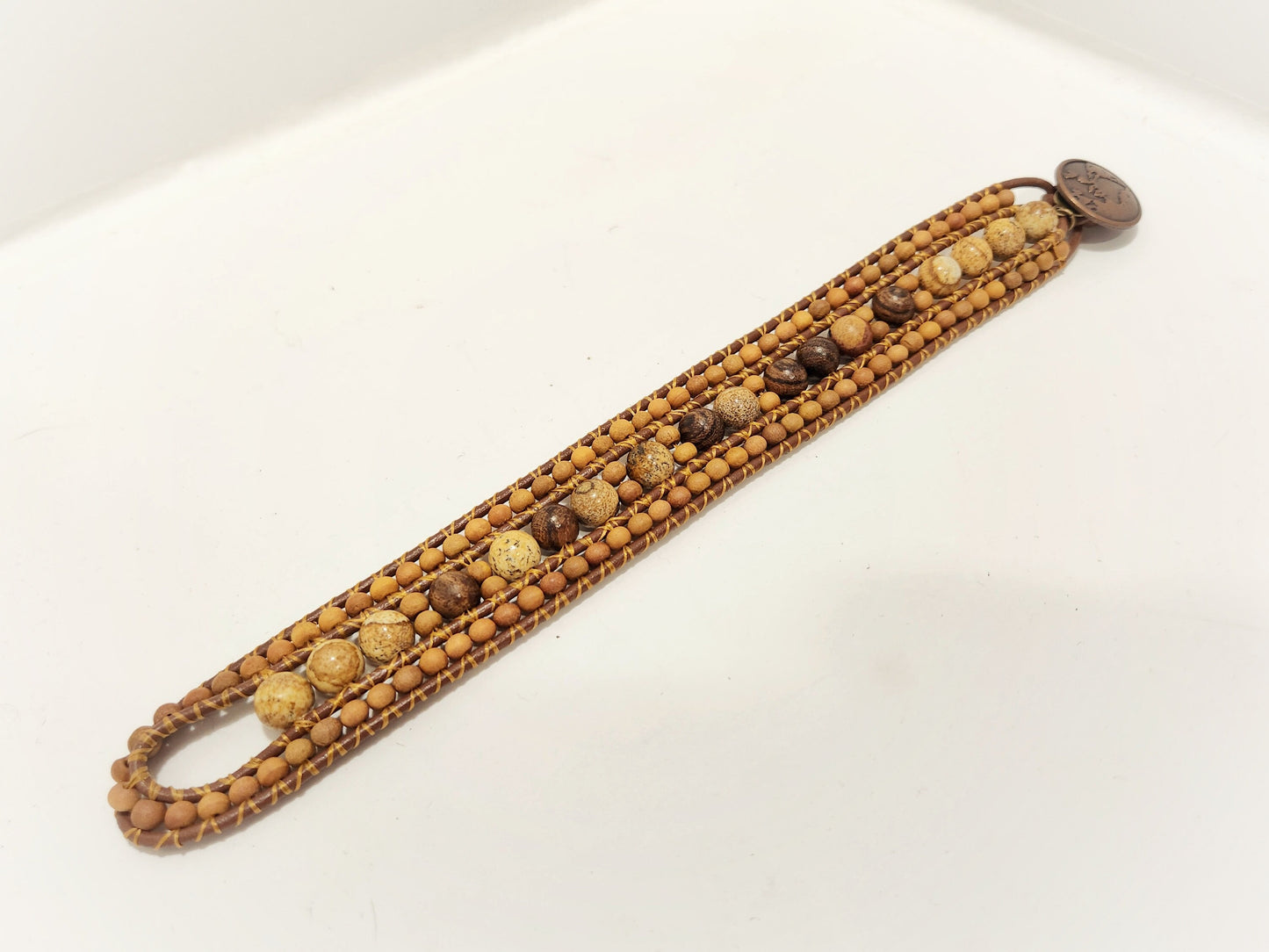 Sandalwood & Picture Jasper Leather Cuff Bracelet