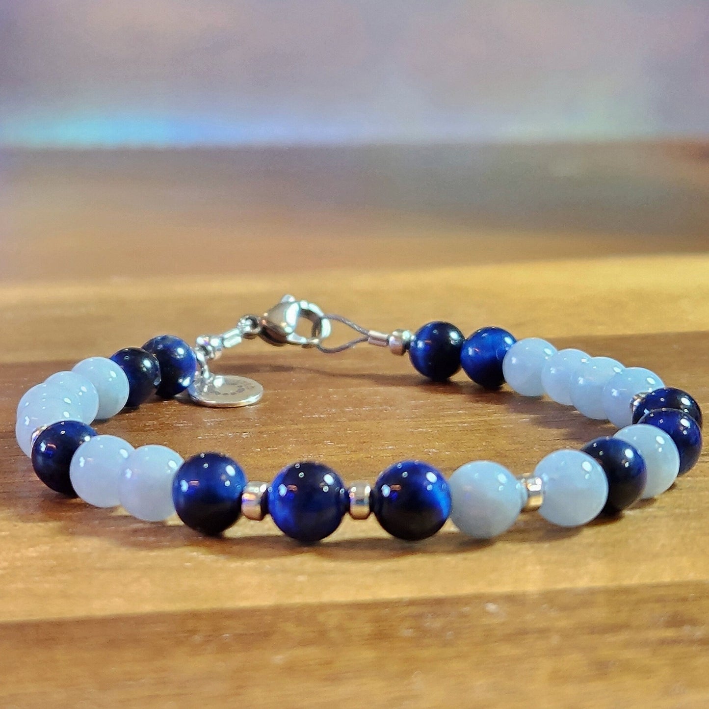 Blue Tiger Eye & Aquamarine Steel Bracelet