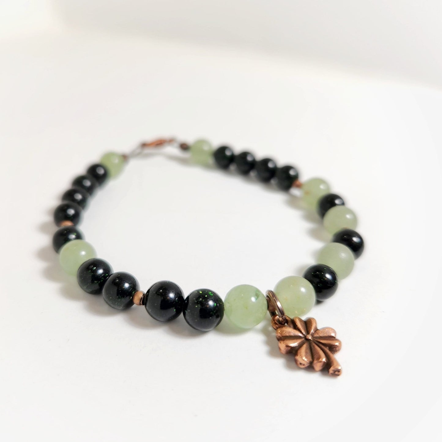 "Luck" | Green Sandstone & Aventurine Steel Bracelet with Copper Four Leaf Clover
